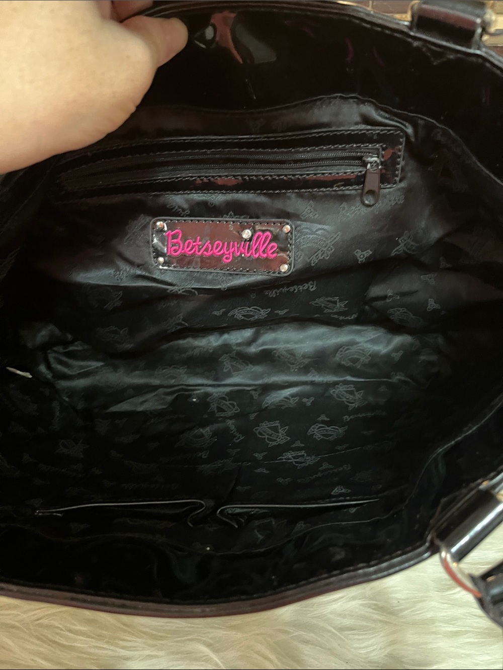 Betsey Johnson Leopard Print Patent Tote with Black Trim - Picture 3 of 5
